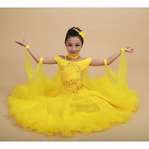 Yellow red turquoise Children Standard Ballroom Dance Competition Dresses Waltz/Tango Dresses Kids For Sale Girls Jazz Dance Costumes